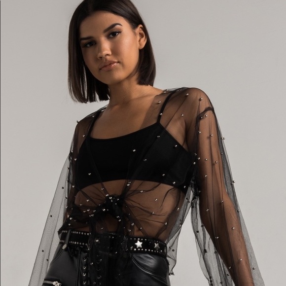 AKIRA Tops - PEARL MESH CROP FRONT TIE TOP